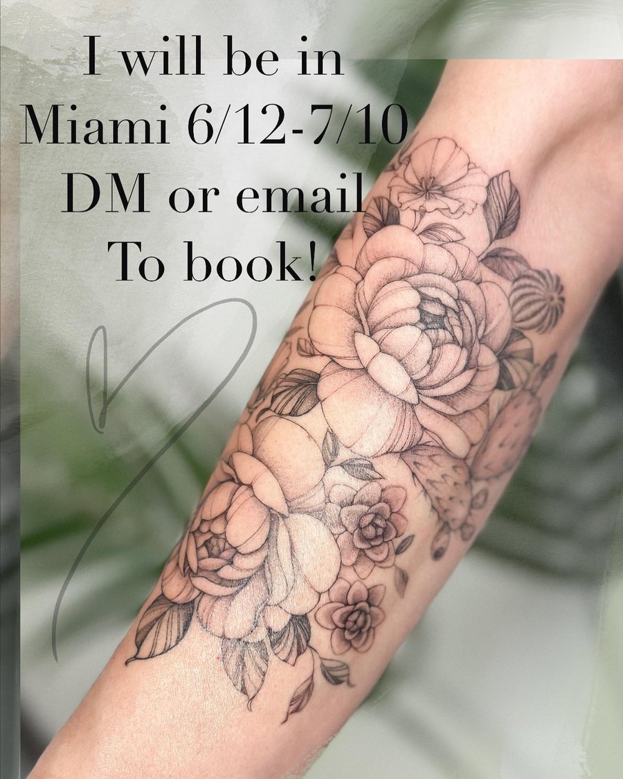 A delicate black and grey floral bouquet tattoo on the forearm featuring roses and fine line details — by Melanie Benoit, los angeles
