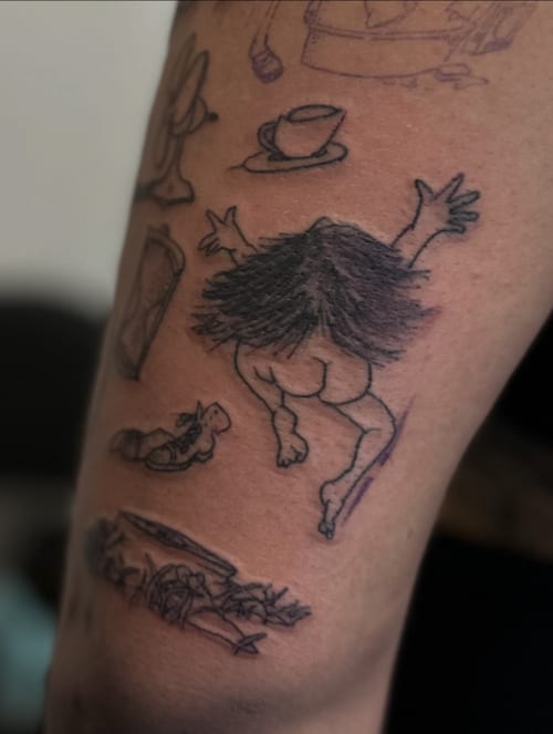 A whimsical fine line tattoo sleeve featuring Shel Silverstein characters on the forearm — by Maddie Ramirez, los angeles