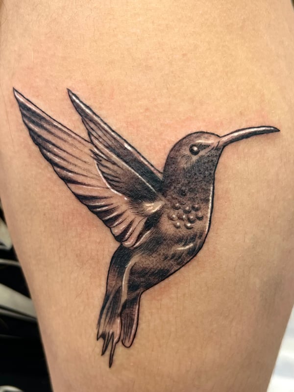 A realistic black and grey hummingbird tattoo on the thigh, showcasing detailed shading and lifelike features — by Josue Bravo, los angeles