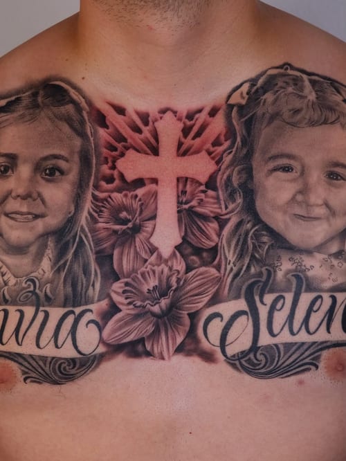 Children's portraits with a cross and flowers in black and grey on the chest, featuring ornate script lettering — by Johnny Ayala, los angeles