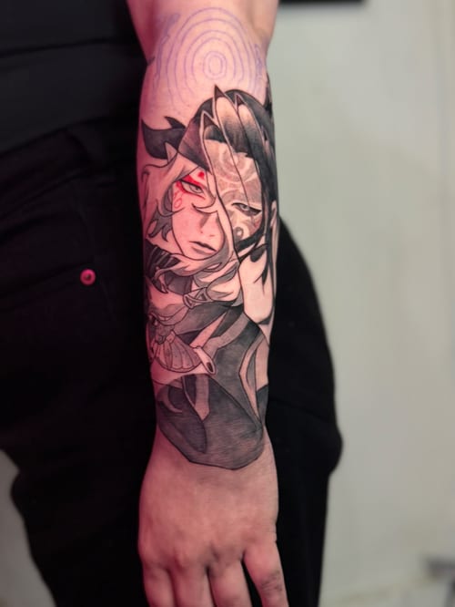 A mixed color and blackwork anime-style tattoo on the forearm, depicting a character with detailed facial features and red eye accents — by zealous, los angeles