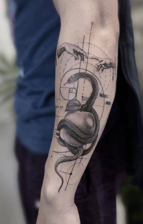 A black and grey tattoo on the forearm featuring a realistic snake intertwined with geometric shapes and two hands reaching towards each other — by Jian Liang, los angeles