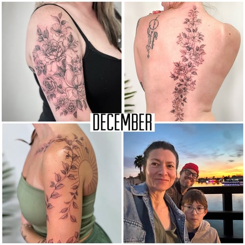 A delicate black and grey floral arrangement tattoo on the upper arm with intricate flower details — by Melanie Benoit, los angeles
