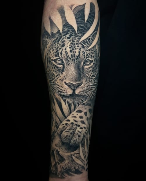 A highly detailed black and grey realism tattoo of a leopard with a skull on the forearm, featuring intricate shading and texture — by imindisoul, los angeles