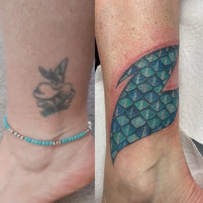 A blackwork butterfly and mushroom tattoo on the ankle, alongside a colorful scale pattern design — by Sandra Price, los angeles
