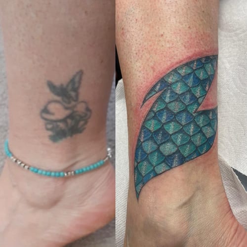A blackwork butterfly and mushroom tattoo on the ankle, alongside a colorful scale pattern design — by Sandra Price, los angeles