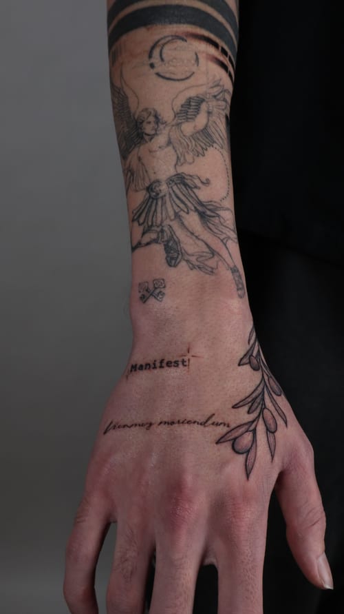 linework angel tattoo — by Vince Espinoza, los angeles