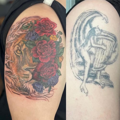 A bold and colorful tattoo of a lion with roses on the upper arm, featuring realistic details and vibrant floral elements — by Sandra Price, los angeles