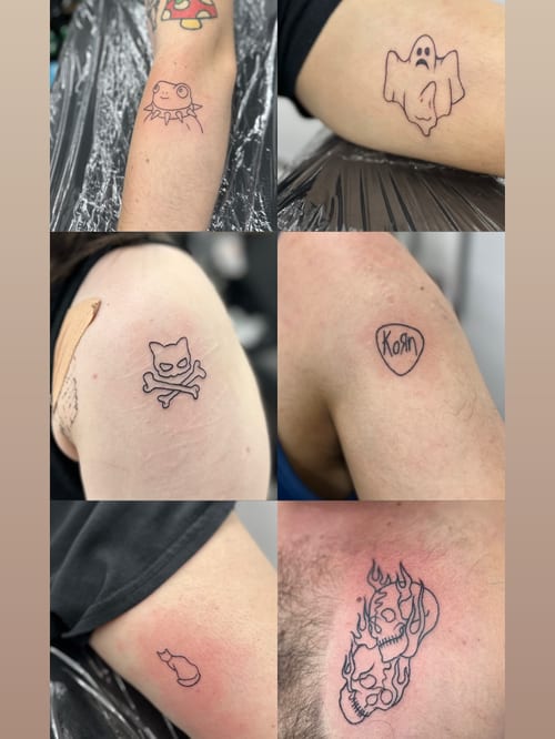 A collection of small minimalist tattoos on the arm, including a ghost, cat, skull, and script — by Maddie Ramirez, los angeles