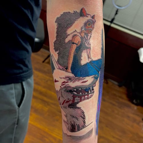 A bold color tattoo of an anime character with a wolf on the forearm, featuring illustrative and graphic style — by Sandra Price, los angeles