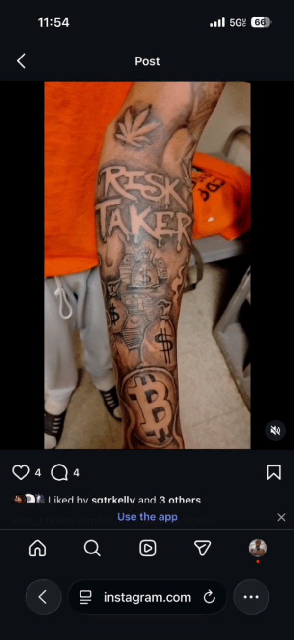 A black and grey tattoo on the forearm featuring bold lettering 'Risk Taker' with various money-related symbols and imagery — by christopher diaz, los angeles