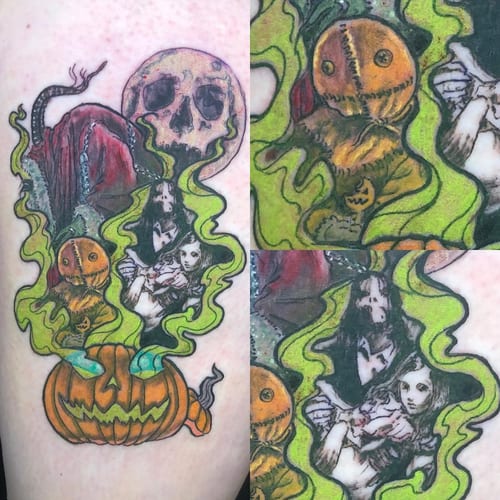 A colorful horror-themed tattoo on the leg featuring a skull, pumpkin, and eerie figures with a graphic illustrative style — by Sandra Price, los angeles