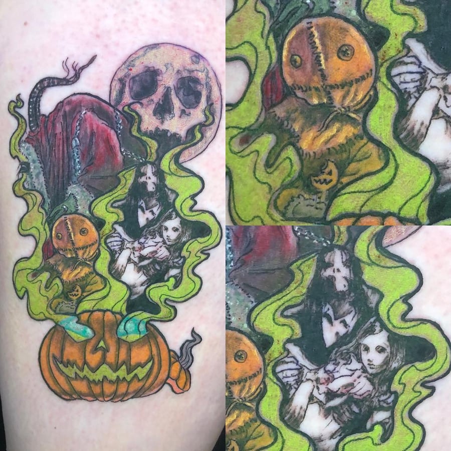 A colorful horror-themed tattoo on the leg featuring a skull, pumpkin, and eerie figures with a graphic illustrative style — by Sandra Price, los angeles