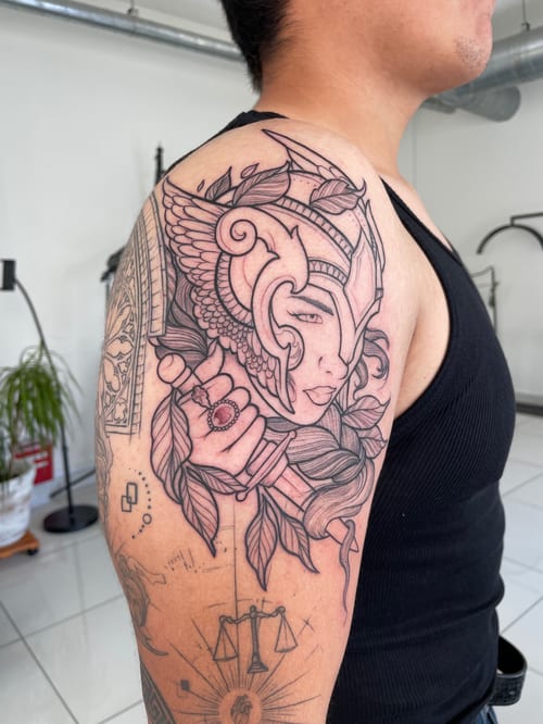 neo-traditional woman in armor with wings tattoo — by Vince Espinoza, los angeles