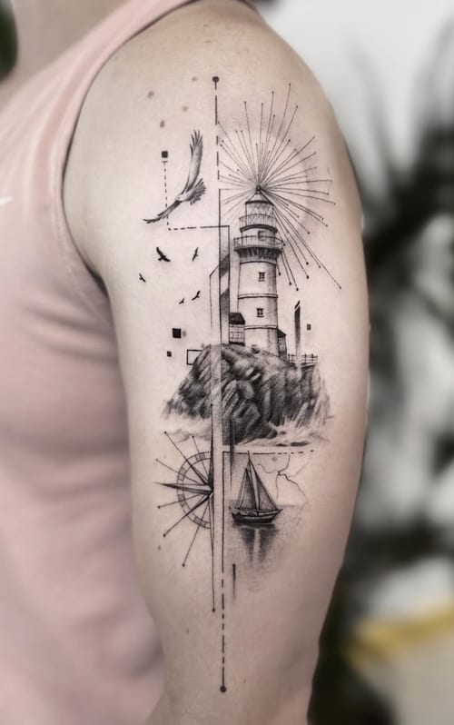 A black and grey geometric and illustrative tattoo on the upper arm featuring a lighthouse, birds, and a compass with intricate linework — by Jian Liang, los angeles