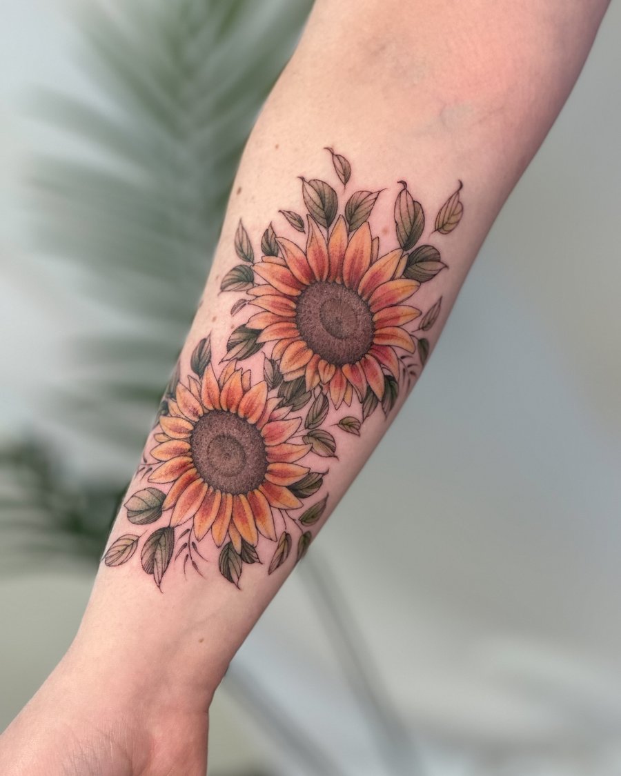 A colorful illustrative sunflower tattoo on the forearm with delicate floral details — by Melanie Benoit, los angeles