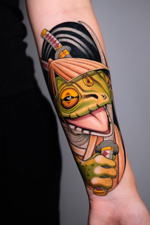 new school tattoo by gabe motta in arts district, los angeles