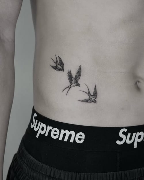 A minimalist black and grey tattoo of three birds in flight on the rib, featuring fine line work and simple design — by Jian Liang, los angeles