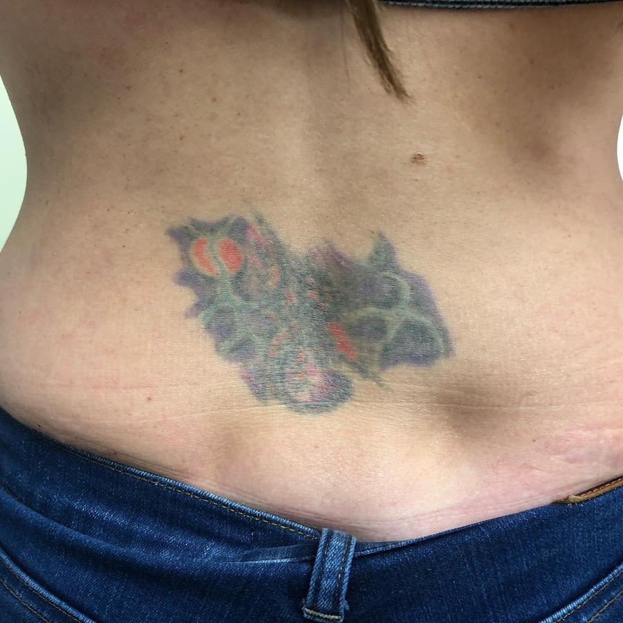 A colorful butterfly tattoo on the lower back with bold traditional style elements — by Sandra Price, los angeles