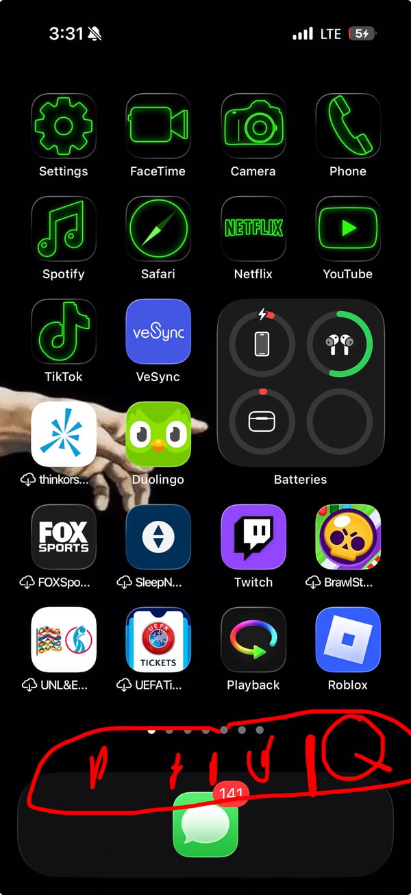This image shows a phone screen with app icons and a red scribble, not a tattoo — by hii, los angeles