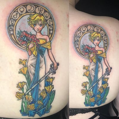 A colorful tattoo of an anime character holding flowers and a sword on the back, featuring ornate details and vibrant colors — by Sandra Price, los angeles