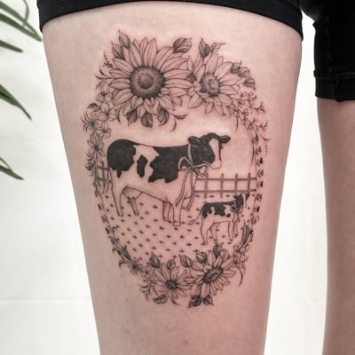 A delicate black and grey tattoo of a cow and calf surrounded by sunflowers on the thigh, done in fine line style — by Melanie Benoit, los angeles