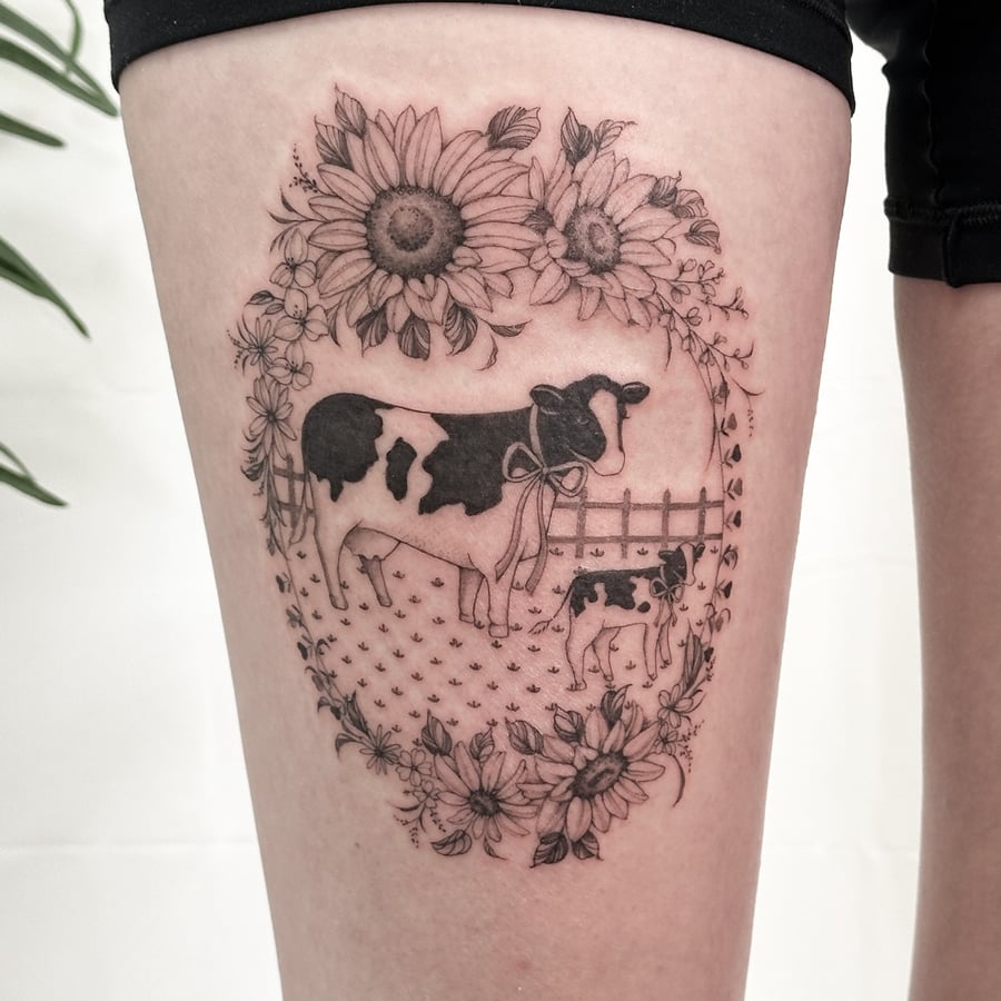 A delicate black and grey tattoo of a cow and calf surrounded by sunflowers on the thigh, done in fine line style — by Melanie Benoit, los angeles