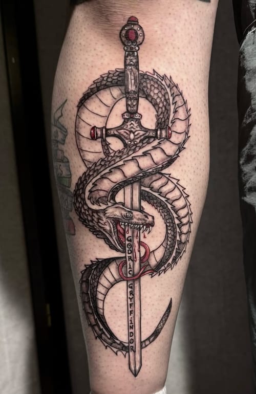 A black and grey Neo-Traditional tattoo of a snake coiled around a sword on the leg, featuring intricate linework and shading — by Shelby Bianco, los angeles
