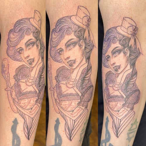 A delicate black and grey tattoo of a woman in vintage attire on the leg, featuring ornate details and an illustrative style — by Sandra Price, los angeles