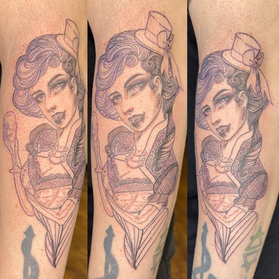 A delicate black and grey tattoo of a woman in vintage attire on the leg, featuring ornate details and an illustrative style — by Sandra Price, los angeles