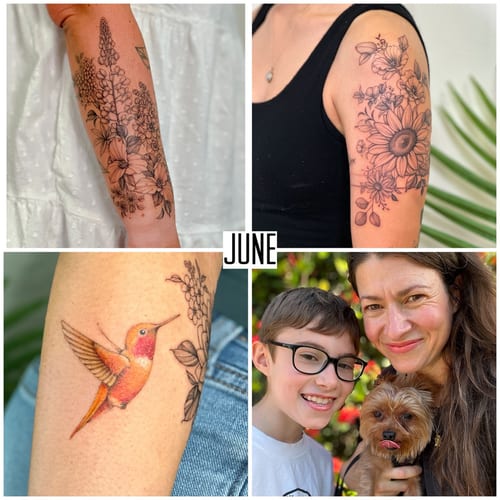 A delicate fine line floral bouquet and colorful hummingbird tattoo on the forearm, combining blackwork and color elements — by Melanie Benoit, los angeles