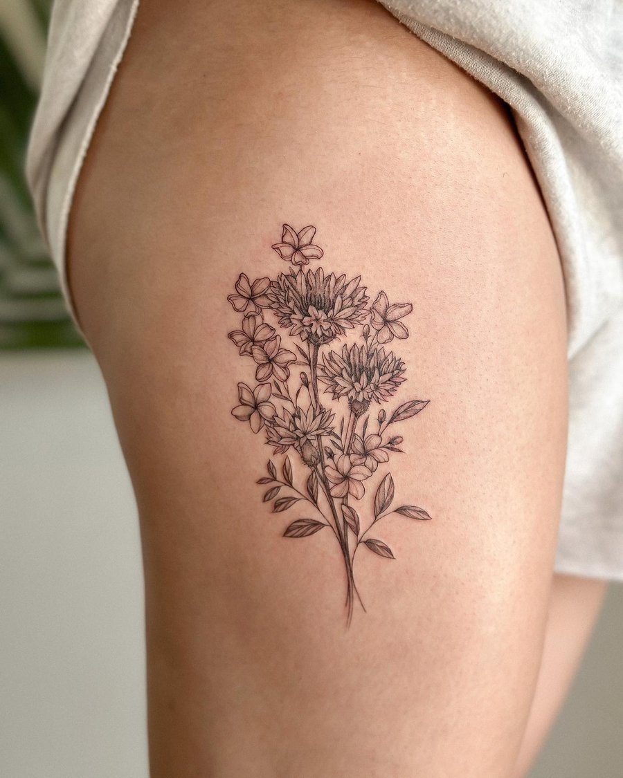 A delicate black and grey flower bouquet tattoo on the thigh, featuring fine line botanical details — by Melanie Benoit, los angeles