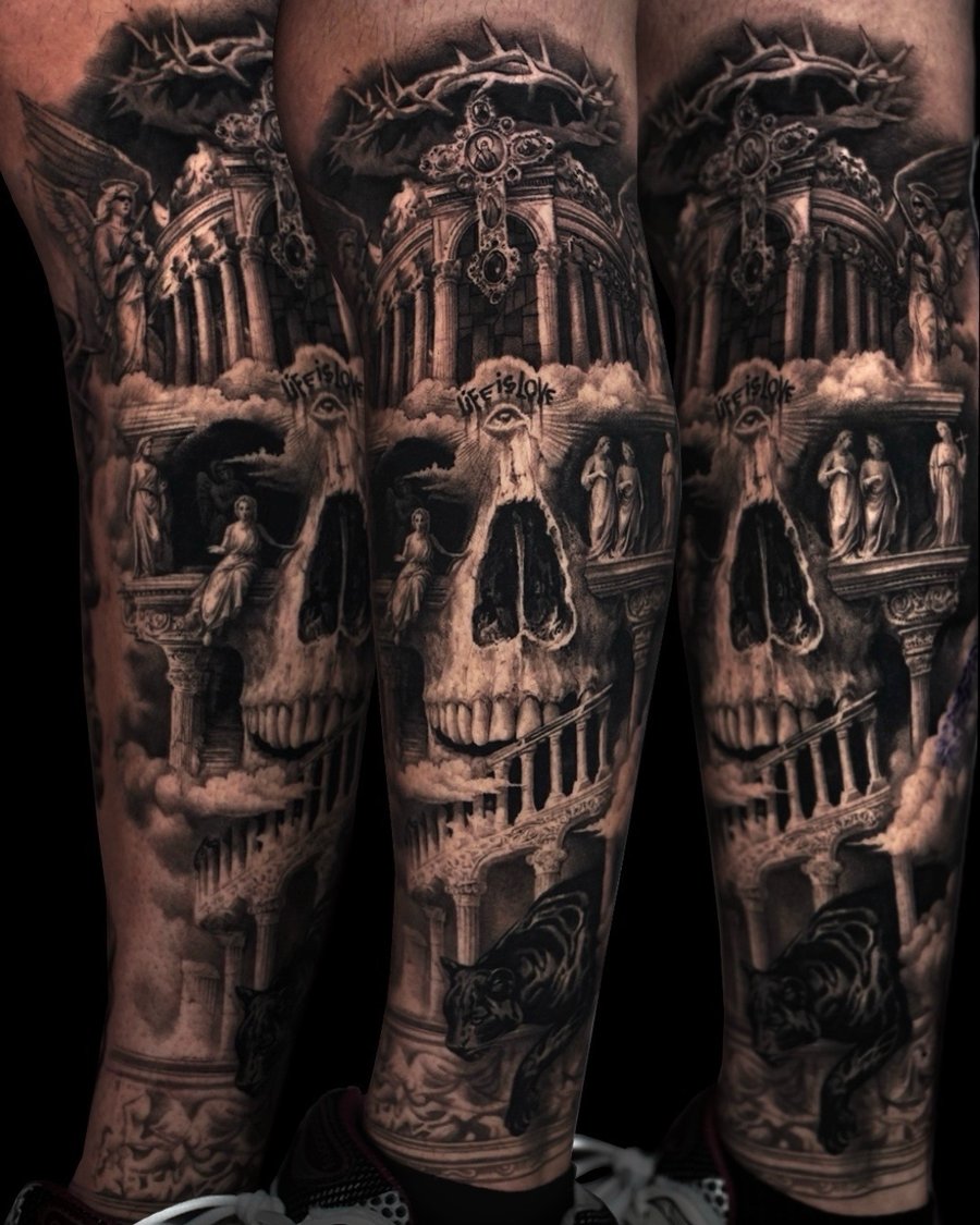 A detailed black and grey tattoo featuring a skull with architectural elements and angels on the leg, showcasing a dark and ornate style — by Vladimir Kozachenko, los angeles