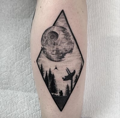 blackwork forest scene with moon tattoo — by Vince Espinoza, los angeles