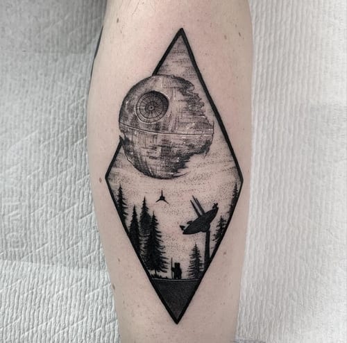 blackwork forest scene with moon tattoo — by Vince Espinoza, los angeles
