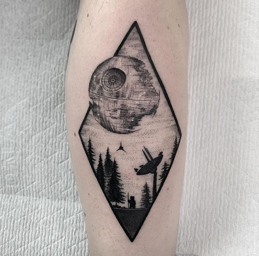 blackwork forest scene with moon tattoo — by Vince Espinoza, los angeles