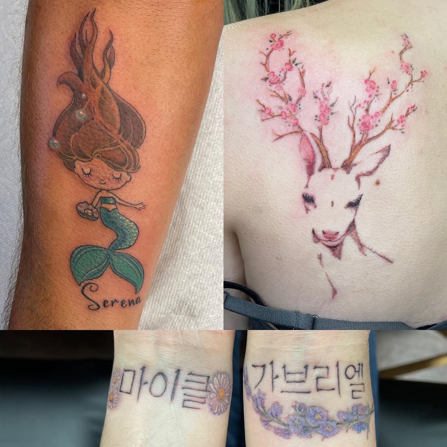 A whimsical collection of tattoos featuring a kawaii mermaid on the forearm, a watercolor deer with floral antlers on the back, and Korean script with flowers on the wrist — by Sandra Price, los an…