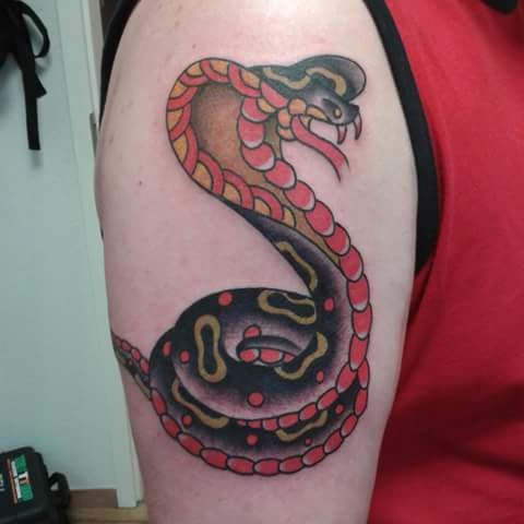 A bold, colorful traditional snake tattoo on the upper arm — by Samuel Connelly, san diego, ca