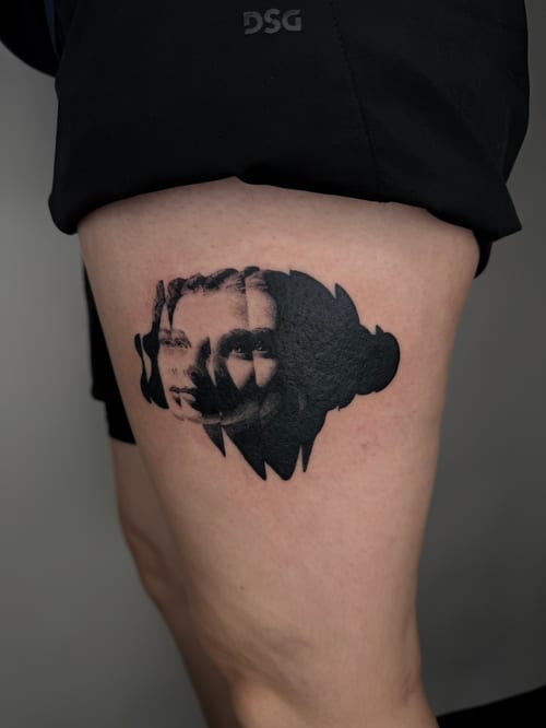 blackwork woman's face tattoo — by Level tattoo, los angeles