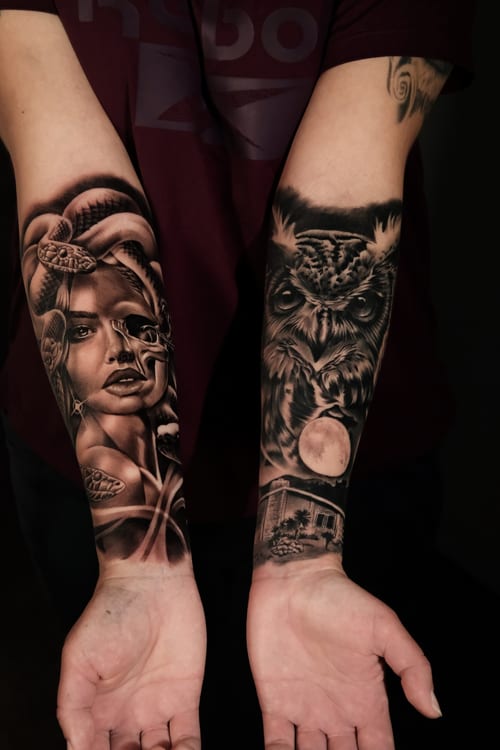 realism woman with owl tattoo — by Johnny Ayala, los angeles