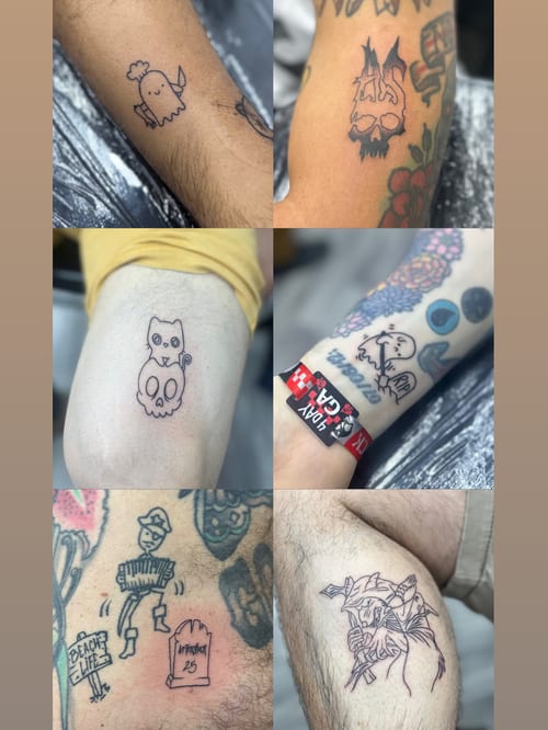 A collection of small minimalist tattoos on the arm, including a ghost, skull, cat, and tombstone — by Maddie Ramirez, los angeles