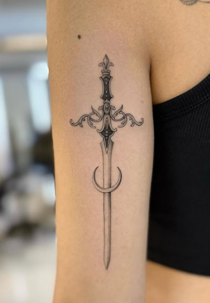 A fine line black and grey tattoo of an ornate sword on the upper arm, featuring intricate detailing and elegant design — by otaybeatdown, los angeles