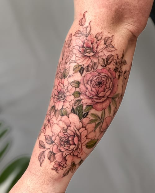 A delicate floral bouquet tattoo on the forearm with fine line work and soft colors — by Melanie Benoit, los angeles