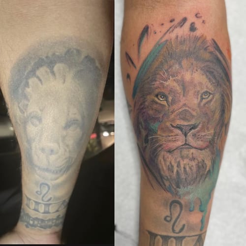 A colorful watercolor lion tattoo on the forearm, featuring realistic details and bold graphic elements — by Sandra Price, los angeles