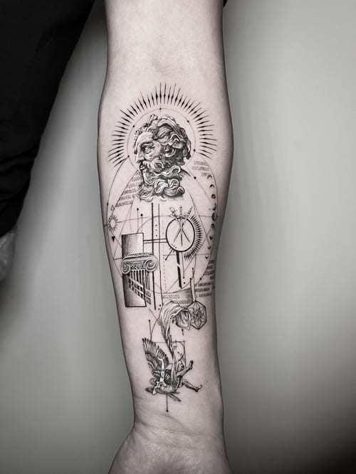 A black and grey surrealistic tattoo on the forearm featuring a mythological figure with geometric elements and fine line details — by INKEDBy_G, los angeles
