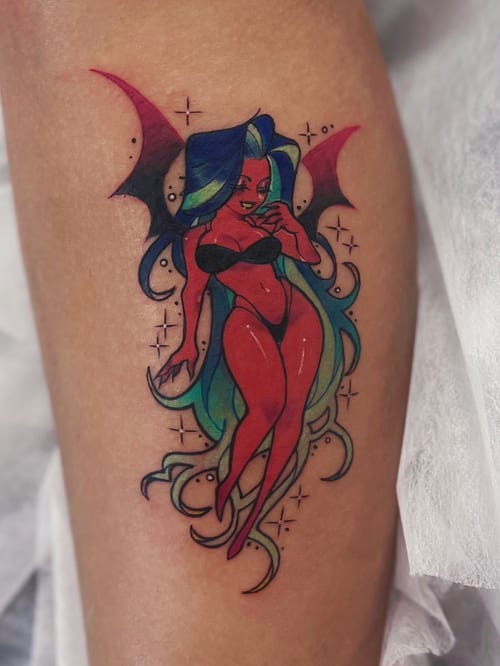 A colorful anime-style depiction of a female demon with vibrant hair and wings on the thigh — by Tweetwee, los angeles