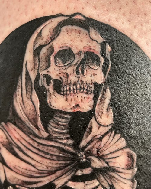 black & grey skeleton in cloak tattoo — by Vince Espinoza, los angeles
