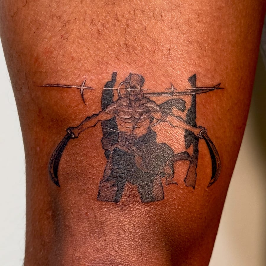 A bold blackwork tattoo of a warrior holding swords on the leg, featuring strong graphic lines and shading — by NJ TATTOOZ, los angeles