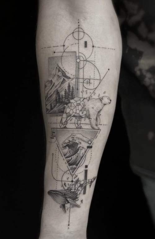 A black and grey geometric tattoo on the forearm featuring a mountain, bear, wave, and whale, with intricate linework and illustrative elements — by Jian Liang, los angeles