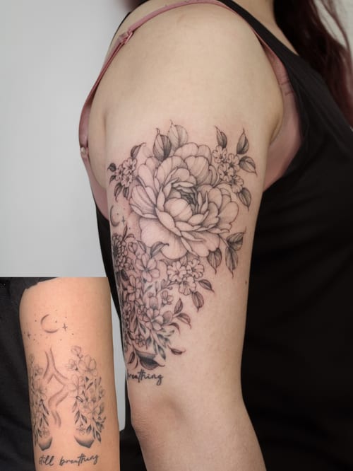 A delicate black and grey floral bouquet tattoo on the upper arm, featuring fine line work and script lettering — by Melanie Benoit, los angeles